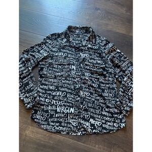 Carre Noir Womens Black White Graffiti Script Print Button Down Shirt Blouse 8